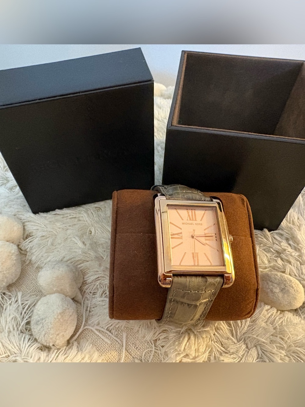 Michael Kors | Rose Gold Watch with Square Dial and Gray Leather Strap